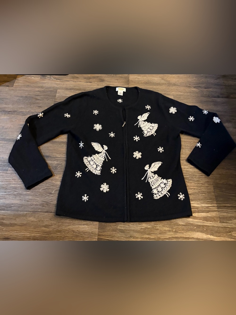 Talbots Women’s Black Lambswool Angora Embroidered Snowflakes Angel Cardigan M - Picture 1 of 7